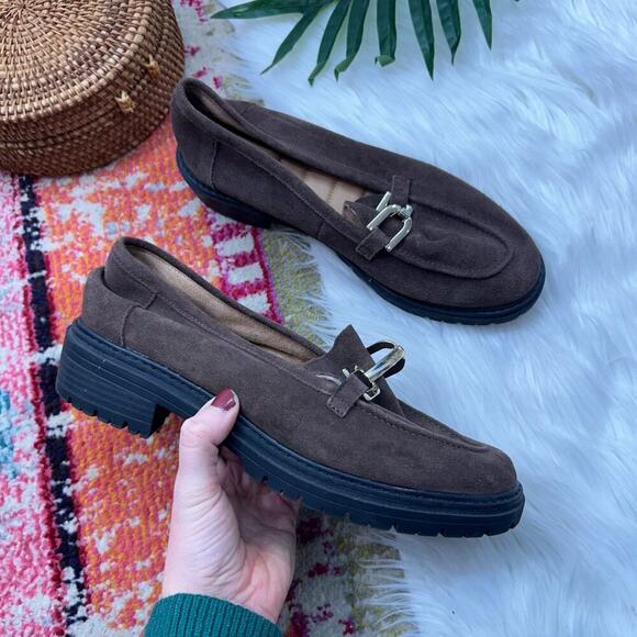 Kelly & Katie Brown Gold Chain Buckle Chunky Platform Leather Loafers 9 - Picture 2 of 11